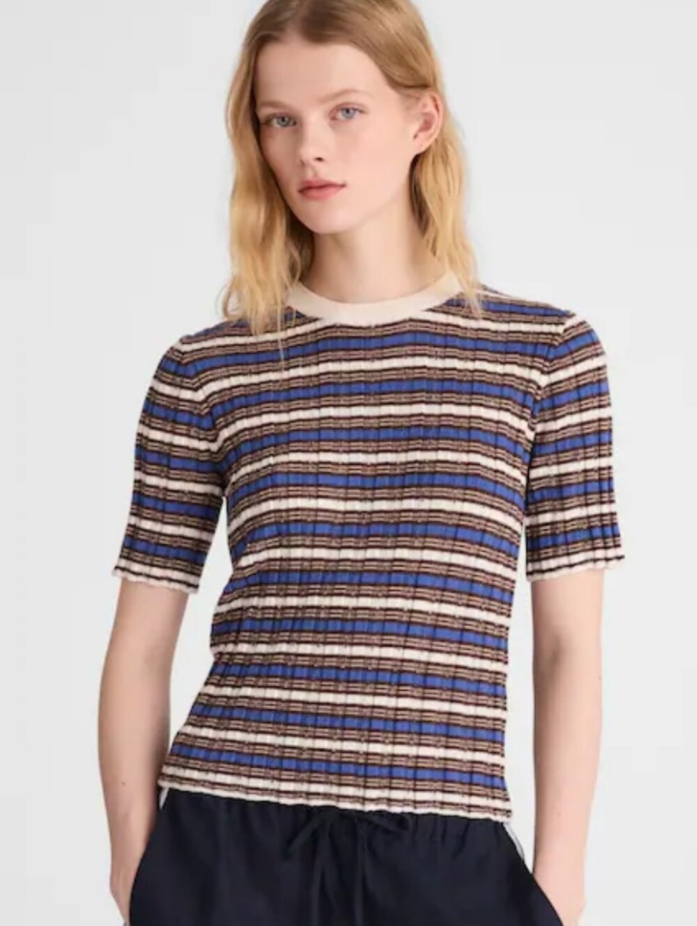 Madewell Crewneck Sweater Tee in Merino Wool-Silk blend- ivory, tan, brown, blue